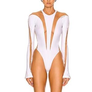 Mugler Beige and White Long Sleeve Top  Cut Out Bodysuit